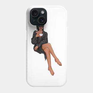 Brunette Girl with Coffee in Black Robe Phone Case