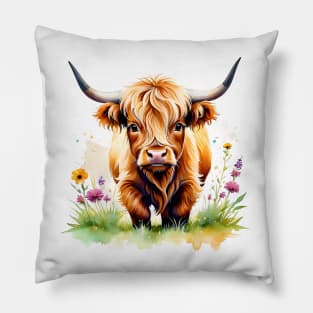 Cute Miniature Highland Cow Colorful Design Pillow