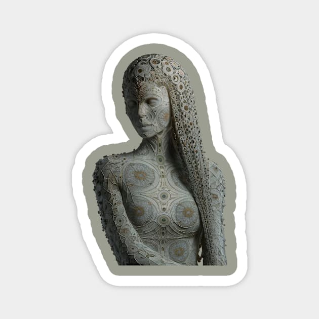 Woman Wearing an Intricately Patterned Garment Adorned With Circular and Floral-like Designs Grey Rectangle Magnet by animegirlnft
