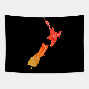 Colorful mandala art map of New Zealand with text in red and orange Tapestry