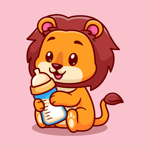 Cute Baby Lion Holding Milk Bottle Cartoon by Catalyst Labs