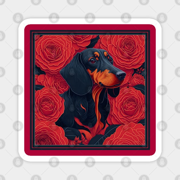 Dogs, dachshund and flowers, dog, style vector (red version 2 dachshund) Magnet by xlhombat