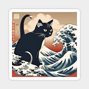 black cat in japanese style art Magnet