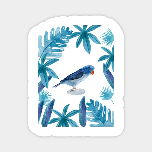 Blue Pacific Parrotlet with tropical leaves Magnet by Sandraartist