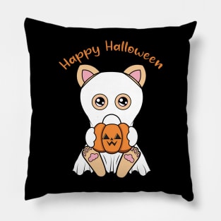 Happy Halloween Cute ghost Cat, Kawaii black cat with pumpkin Pillow