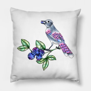 Blue Jay bird with Blue Berry Pillow