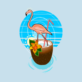 flamingo in a coconut in the tropics T-Shirt