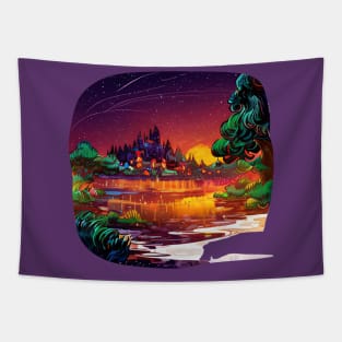 Magic Lantern Lighting Lake Water Pond Reflection Watercolor Tapestry