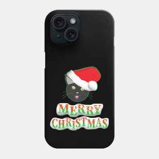 Merry Christmas Smiling Cat Wearing a Santa Claus Hat (Text on Bottom) Phone Case