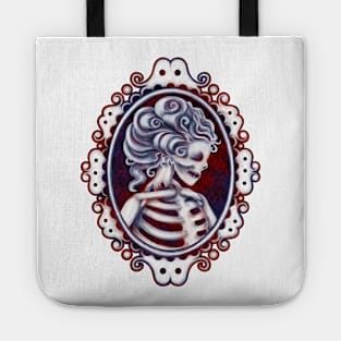 White Skeleton Girl in Frame with Red and Blue Background Cameo Tote