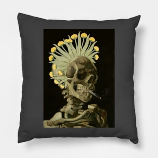 Smoking Skeleton with Floral Headdress Pillow