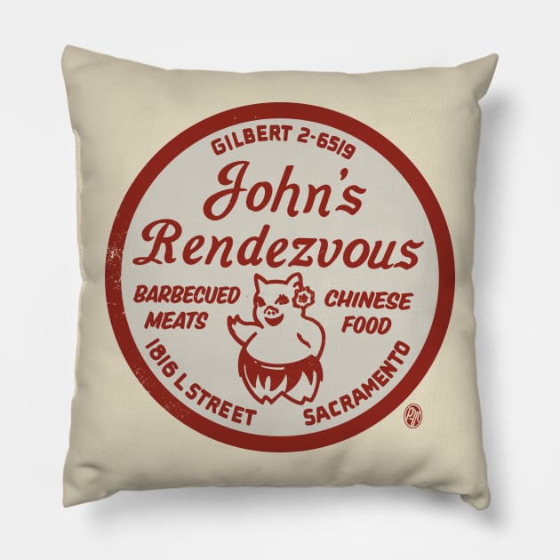 Vintage John's Rendezvous Bar-B-Q Sacramento CA Pillow by StudioPM71