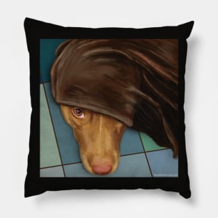 Painting of a Cute Red Nose Pitbull under a Blanket Pillow