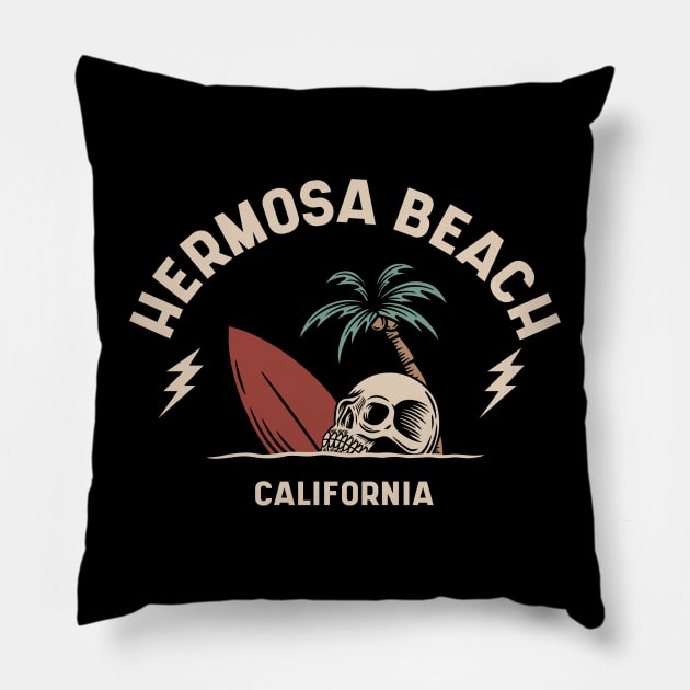 Vintage Surfing Hermosa Beach California // Retro Surf Skull Pillow by Now Boarding