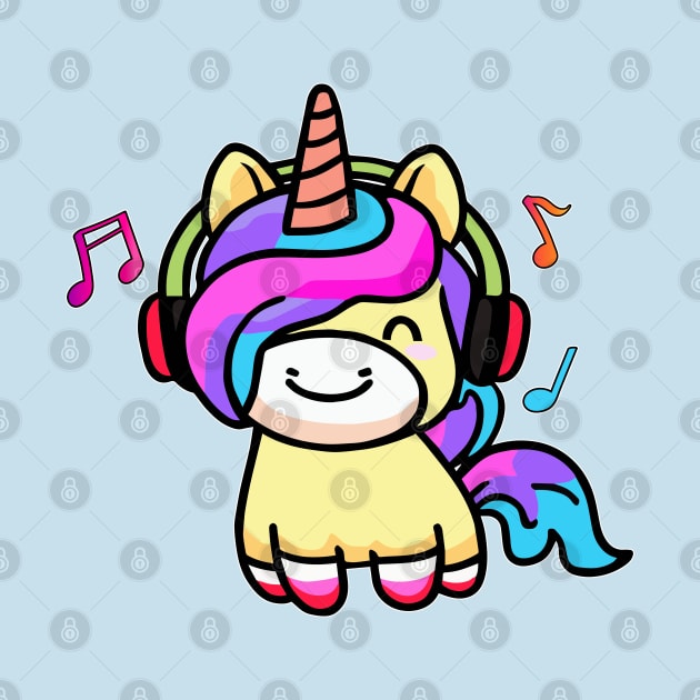 Happy smiling baby unicorn with headphones. Kawaii cartoon by SPJE Illustration Photography
