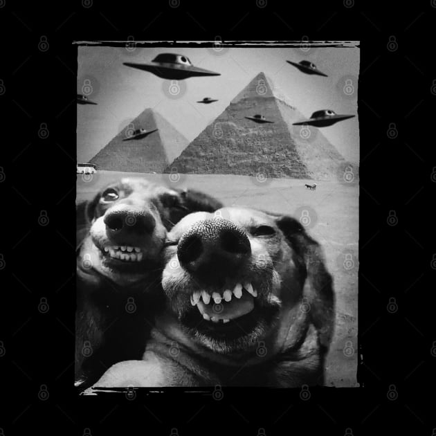 Funny Dog Selfie Alien UFO Invasion Pyramid Egypt Giza Meme by Kushteez