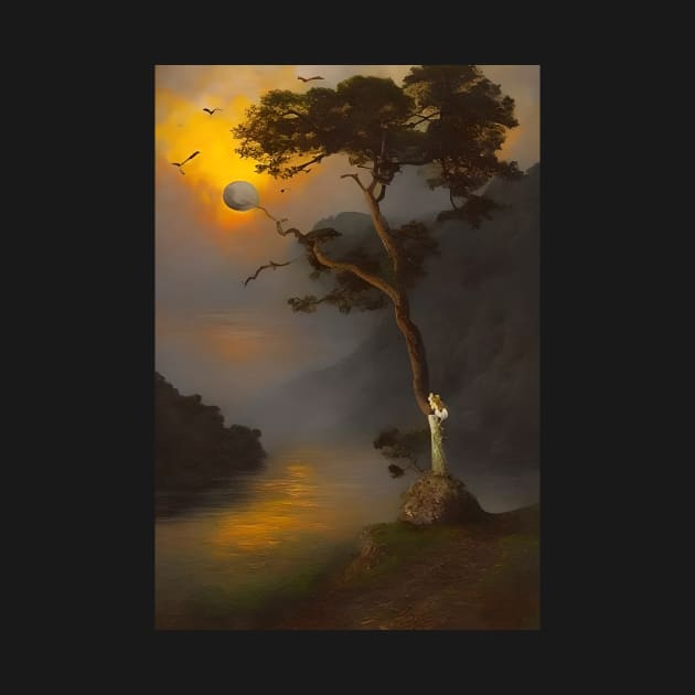 Surreal Tranquil Dark Landscape Lonely with Waters and a Tree by the Mountains by hclara23