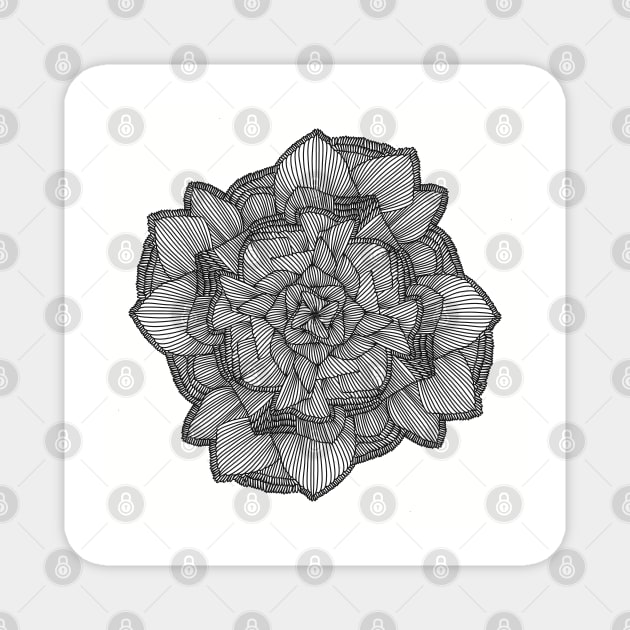 Lined Petal Mandala - Intricate Black and White Digital Illustration - Vibrant and Eye-catching Design for printing on t-shirts, wall art, pillows, phone cases, mugs, tote bags, notebooks and more Magnet by cherdoodles