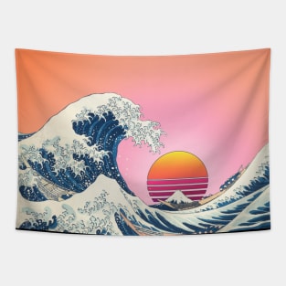 Retro Great Wave off Kanagawa with vintage rising sun and pastel sky Tapestry