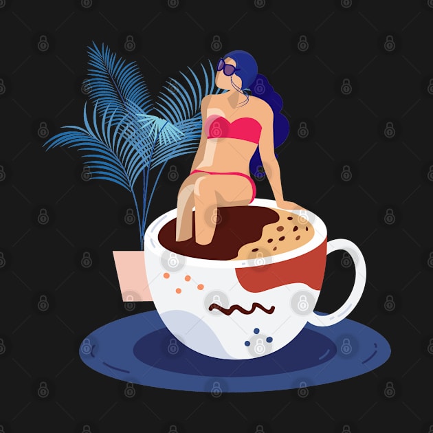 Coffee Time, Sexy lady sitting on coffee cup, retro bohemian decor, neutral colors art print by Modern Art