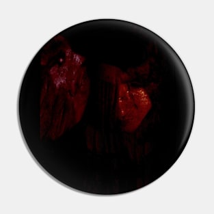 Portrait, collage, special processing. Man, dark costume, long hair, looking down. On left demon of gold. Red. Pin