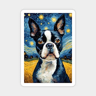 Cute Adorable Boston Terrier Dog Breed Painting in a Van Gogh Starry Night Art Style Magnet