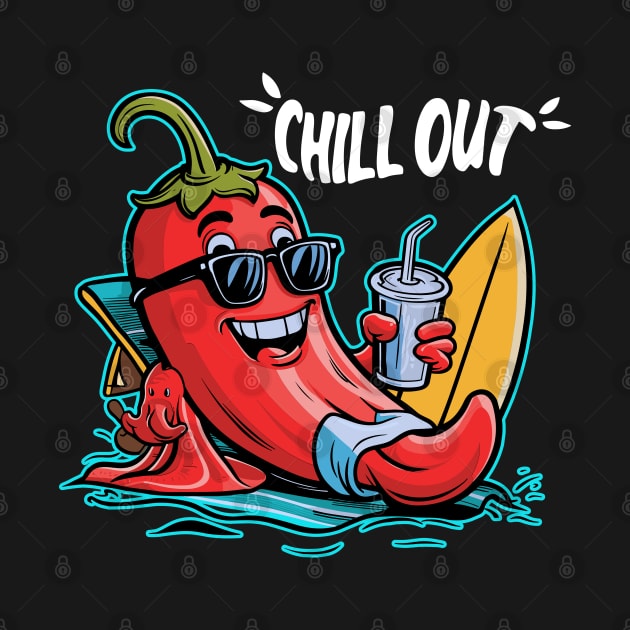 "Chill Out" Fun Cartoon Illustration of a Relaxed Red Chili Pepper Lounging with a Drink and Surfboard by KUH-WAI-EE