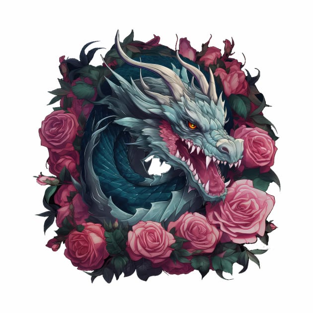 Dragon in a Wreath of Roses by Mojitojoe