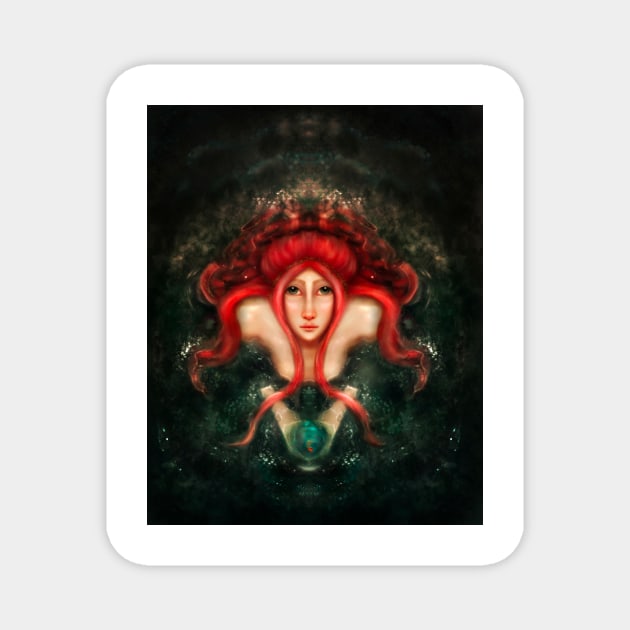 Red Hair Little Mermaid In the Ocean Holding Gold Fish Magnet by penandbea