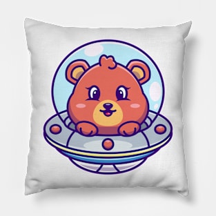 Cute bear flying with spaceship ufo cartoon Pillow