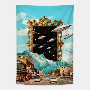 Alien visit collage art Tapestry