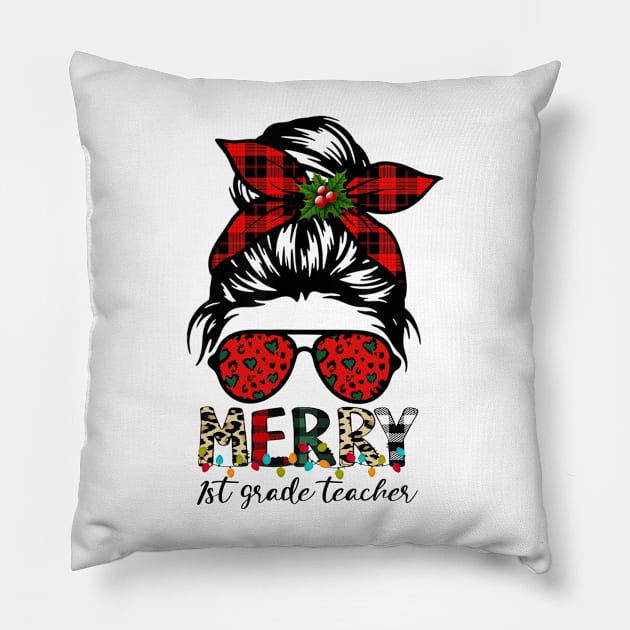 Merry 1st Grade Teacher Messy Bun Merry Christmas Pillow by Magazine