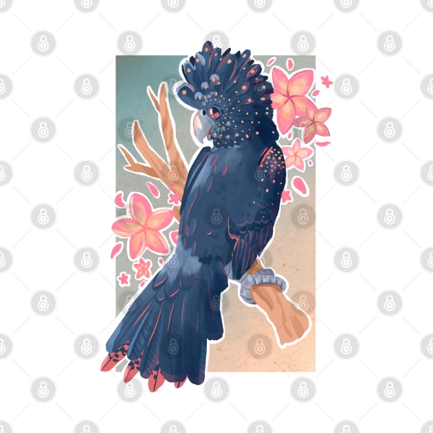 Red Tailed Black Cockatoo with Plumeria by narwhalwall