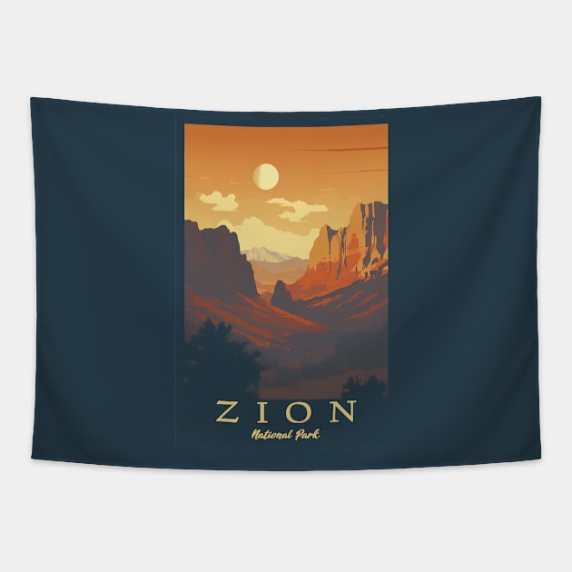 Zion National Park Vintage Travel Poster Tapestry by GreenMary Design