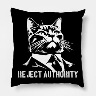 Reject Authority Cat (White pattern and text) Pillow