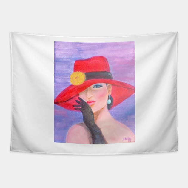 Incognito. Elegant lady wearing a red hat Tapestry by JedethDT