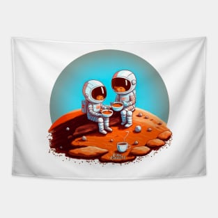 Cute Astronauts drinking coffee on Mars Tapestry