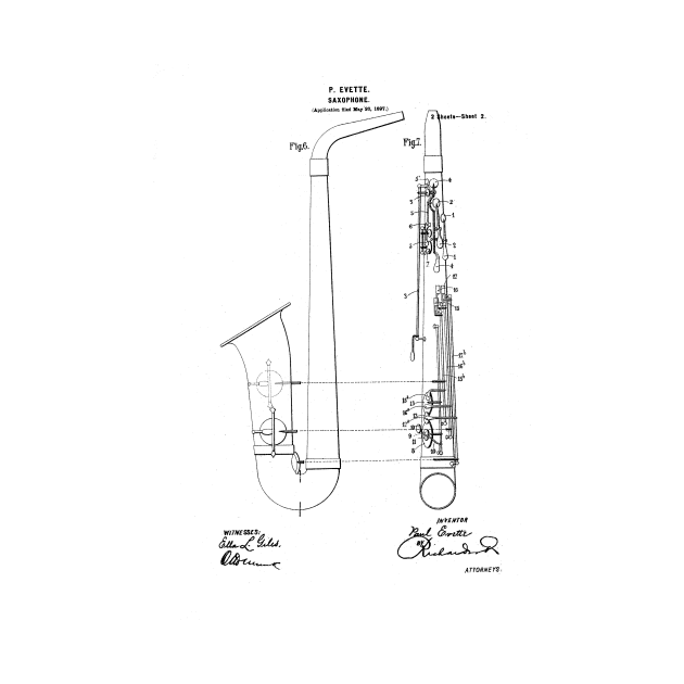 Saxophone Vintage Patent Hand Drawing by TheYoungDesigns