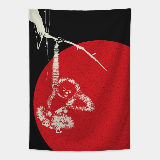 Tachibana Morikuni Ancient Japanese Monkey Hanging From A Branch with Red Distressed Sun Tapestry by pelagio