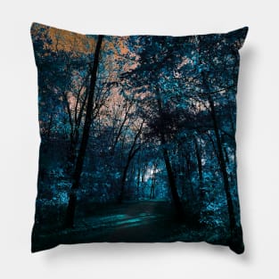 Majestic Fantasy Fall Wooded Trail Scene with Blue Foliage and Orange Sky - Indian Creek Trail Kansas City Pillow