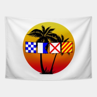 NAVY spelled out with Signal Flags Sunset Palm Trees Tapestry