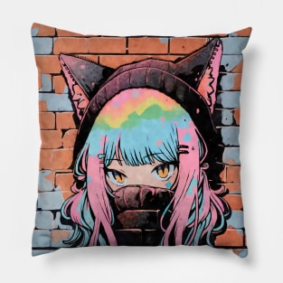 Kawaii Aesthetic Colorful Nekomimi Anime Cat Girl Graffiti Art Style Pillow