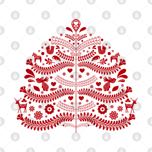 Disover Red Scandinavian Folk Art Style Christmas Tree Design - Christmas Tree - T-Shirt