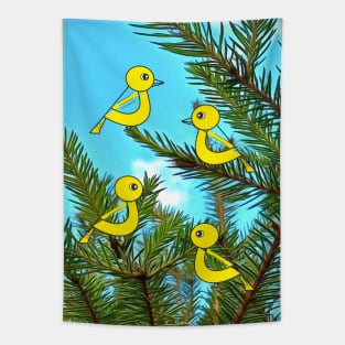 Yellow birds on the fur-tree Tapestry