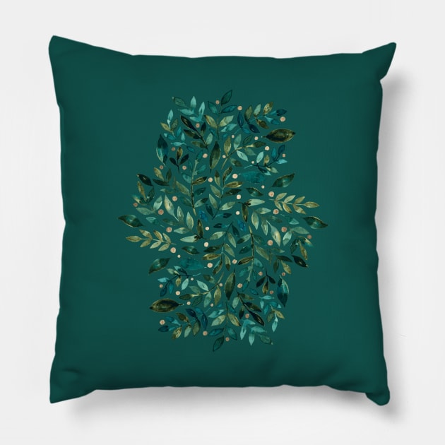 Seasonal branches and berries - green and gold on teal Pillow by wackapacka