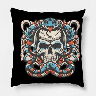 Traditional Skeleton Serpent Tattoo Pillow