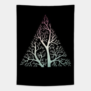 Stylized tree branches in triangle frame - purple, cream, and pale green gradient Tapestry