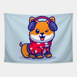 Cute Shiba Inu Dog In Winter Season Cartoon Tapestry