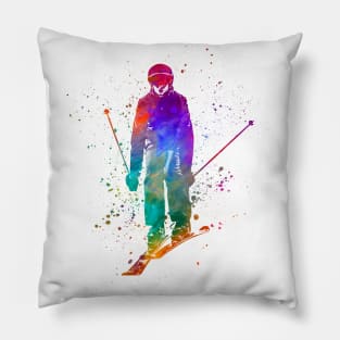 Woman skier skiing jumping  in watercolor Pillow