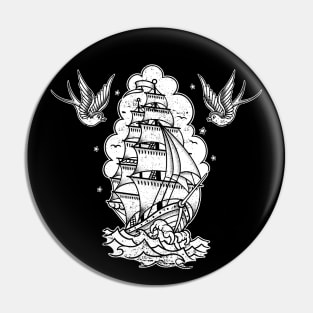 Distressed Traditional Tattoo Sailing Ship and Swallows Pin